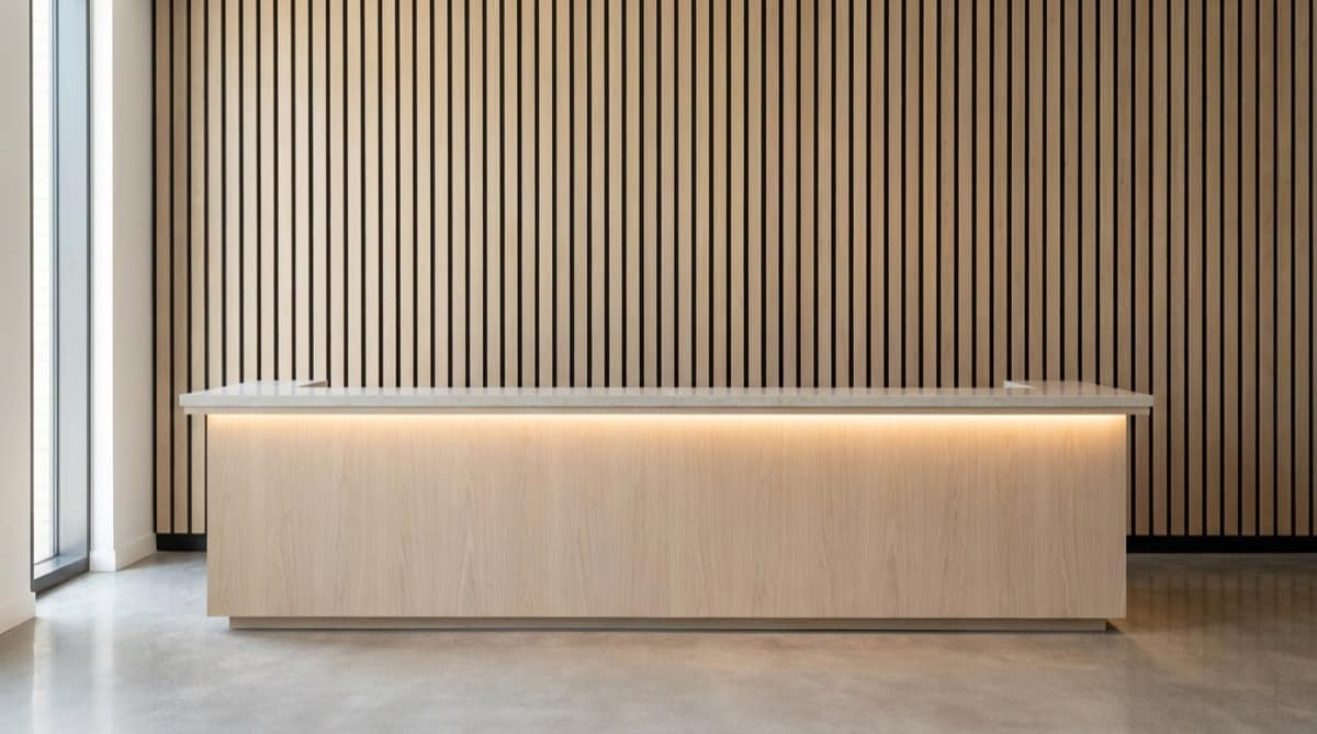 Commercial lobby reception desk in oak millwork with an LED line under the overhang, against a full-height oak slat wall