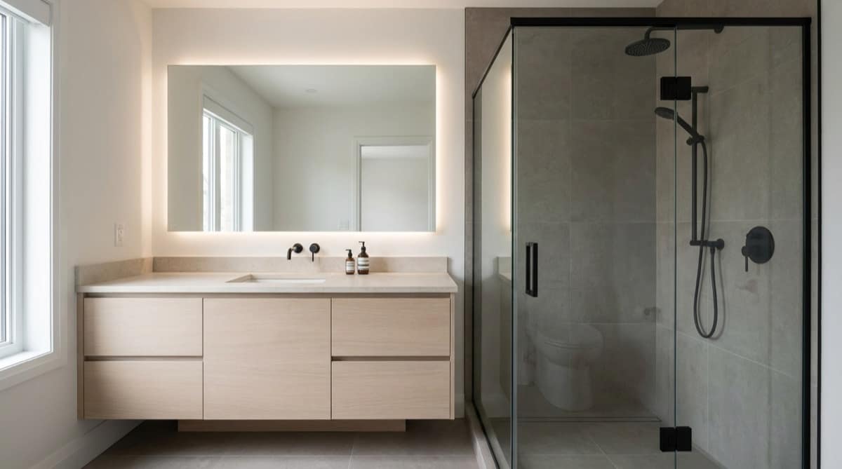 Primary bathroom with a floating oak vanity, backlit mirror and a frameless glass shower enclosure on matte black hardware