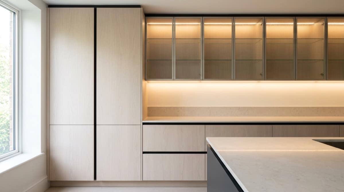 Custom oak kitchen with aluminium-framed reeded glass upper cabinets lit from within and a continuous LED line washing the stone worktop