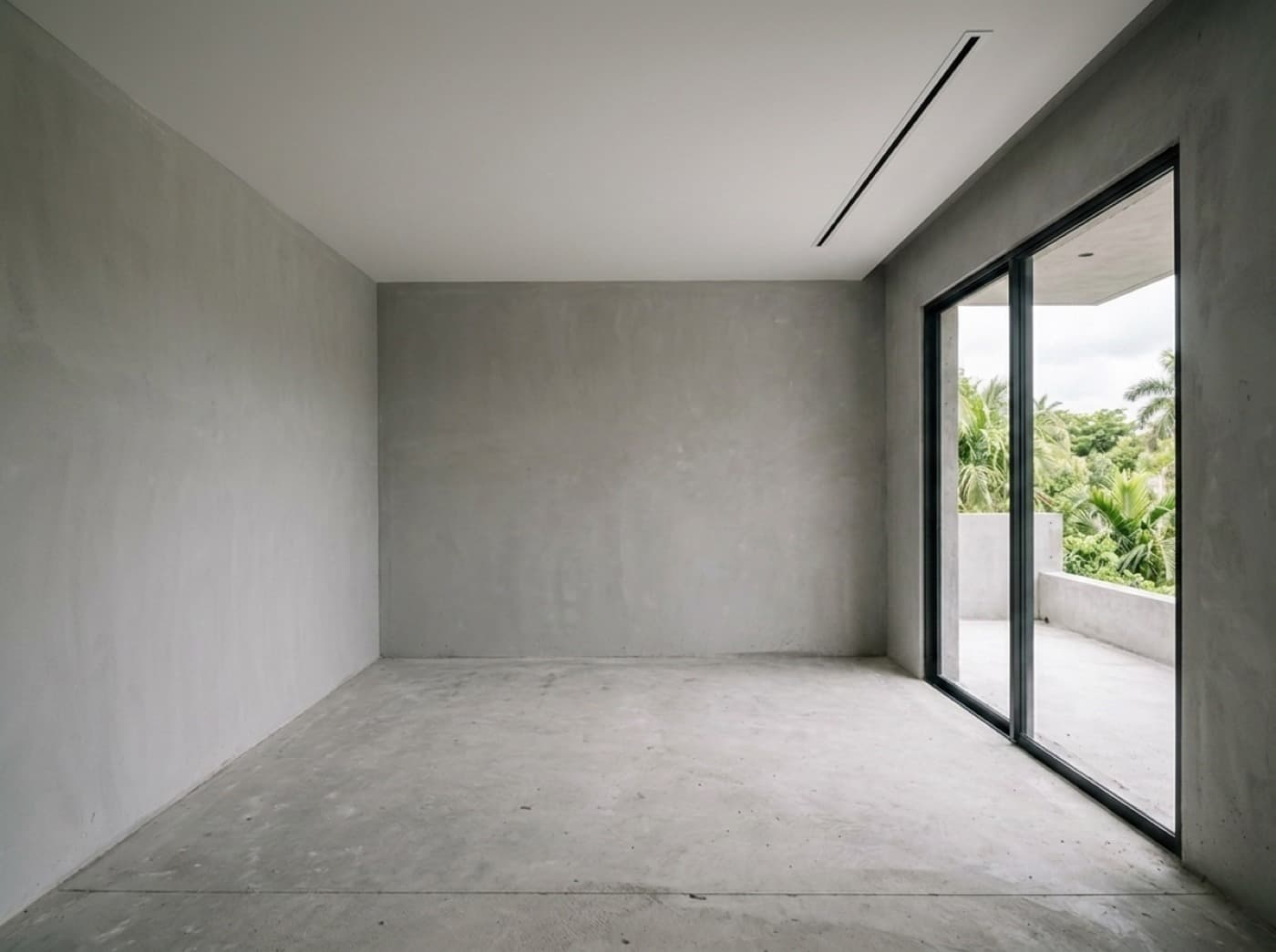 Concept visualization: the same room with slim black aluminum framing installed into the structural opening