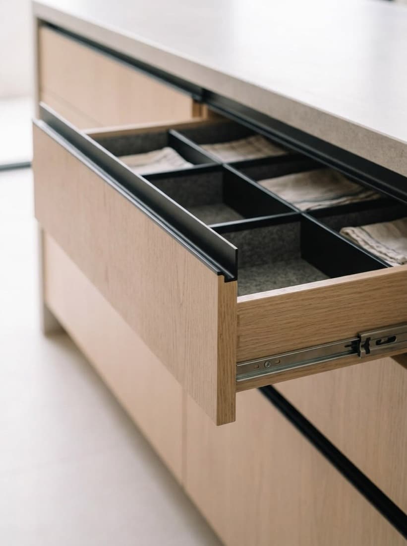 Slim matte-black edge pull on a flush oak drawer front with a soft-close runner visible