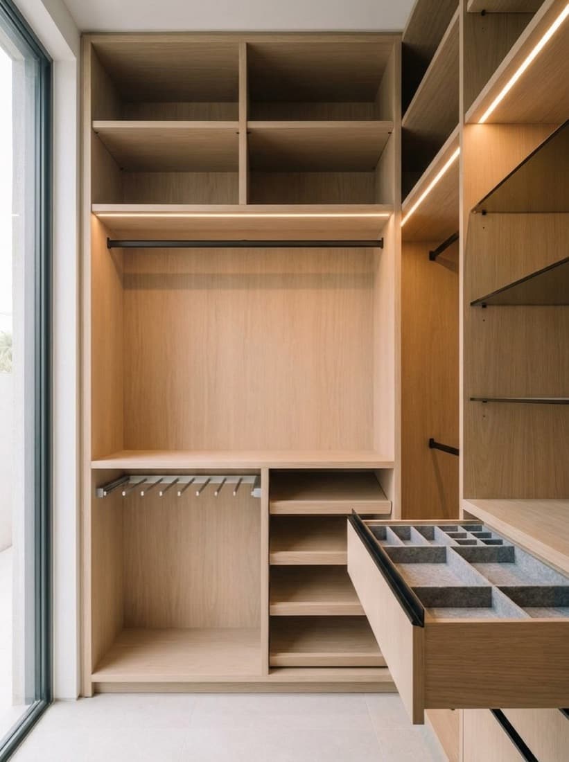 Closet bay with adjustable shelves, a black hanging rail, a pull-out rack and a felt-lined tray