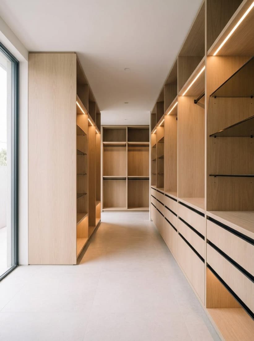 Walk-in closet in pale oak with open bays, hanging rails and integrated lighting