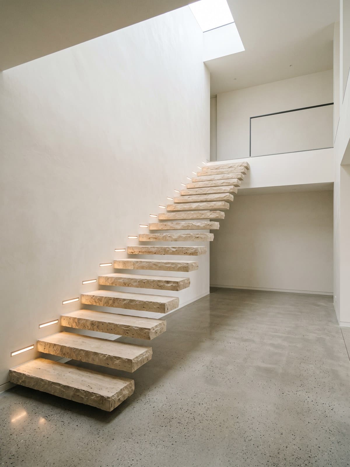 Concept visualization: cantilevered travertine stair treads projecting from a plain plaster wall, with recessed warm LED lights washing each tread