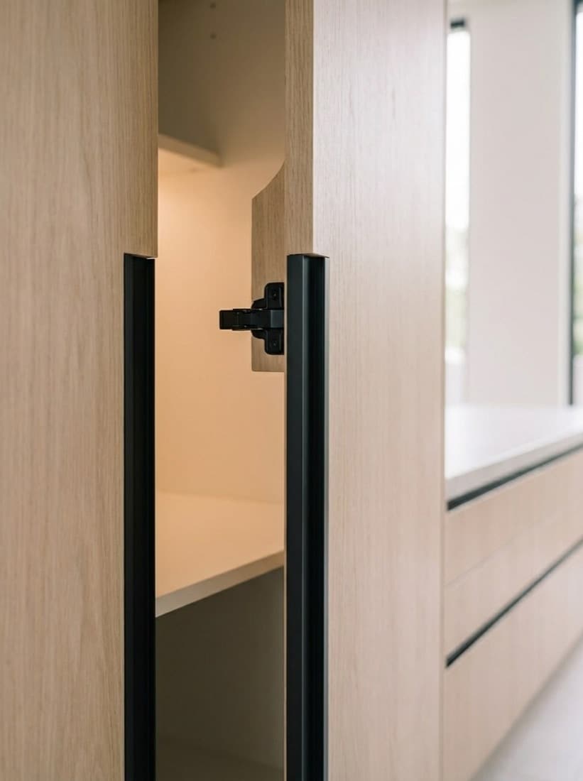 Concealed soft-close hinge in matte black on an oak cabinet door beside a recessed aluminium handle
