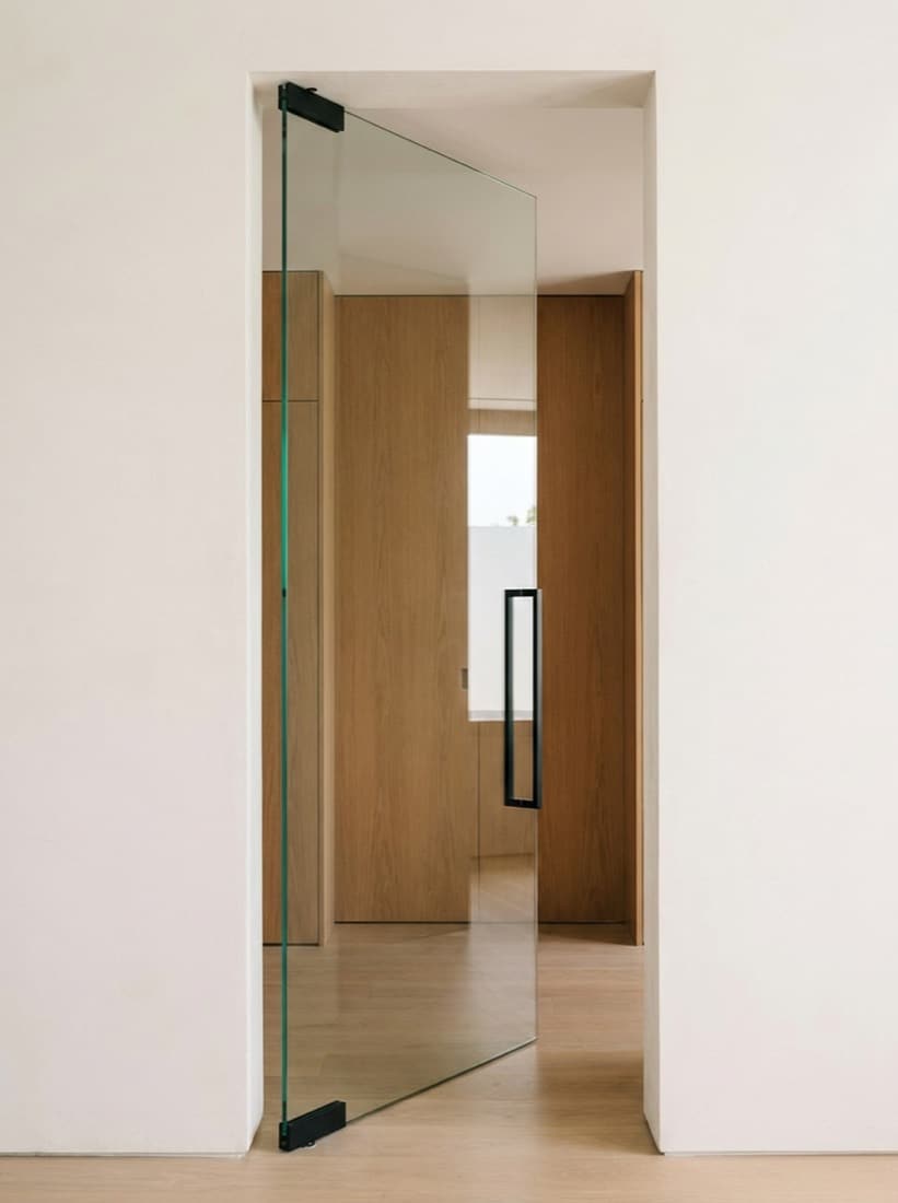 Full-height frameless glass pivot door with slim black patch fittings and a vertical handle
