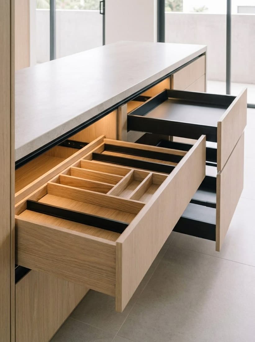 Open drawer with fitted oak dividers and slim aluminium organiser rails