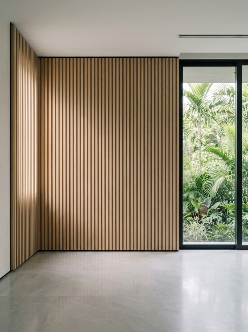 Full-height vertical oak slat wall panelling with a constant gap and a black shadow-gap reveal