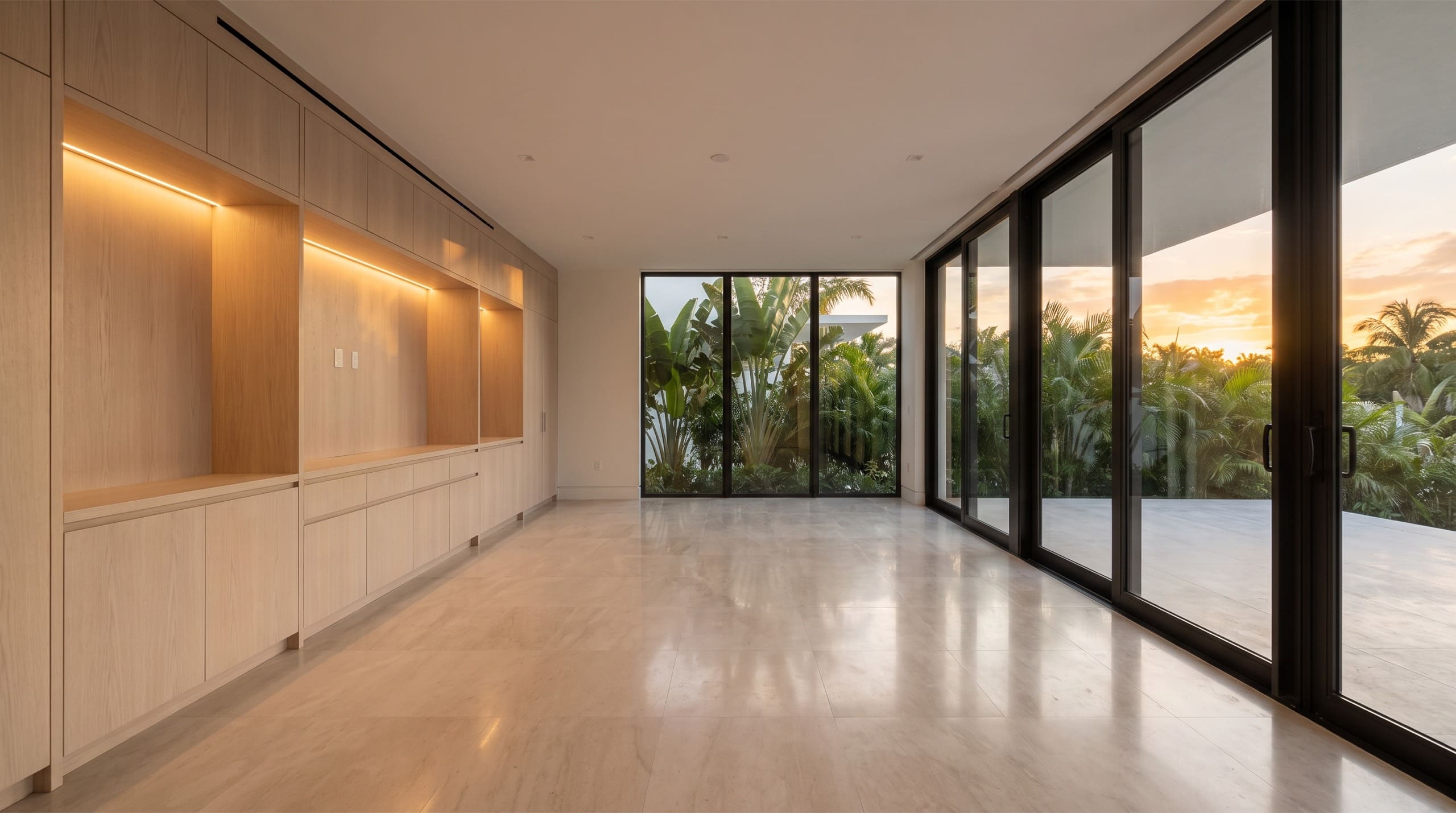 Concept visualization: an open Miami interior at golden hour with a long run of pale oak millwork on one side and black aluminium-framed glass sliding doors opening to tropical planting on the other